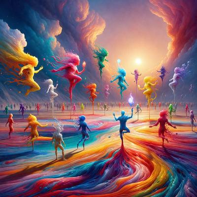 The primary subject of the image is a group of colorful, rainbow-colored people, possibly angels or other celestial beings, standing on stilts and interacting with each other. They are positioned in various locations throughout the scene, with some standing closer to the foreground and others further back.

The setting is a vibrant, colorful environment, likely a fantasy or imaginative world. The visual style of the image is digital art, as it appears to be a painting or illustr